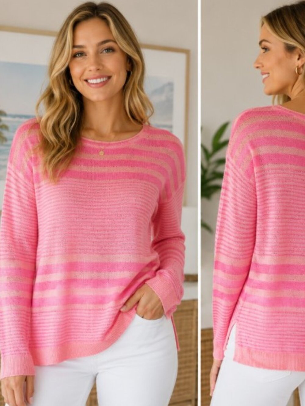 Lilly Pulitzer 100% Linen Sweater Womens M Pink Striped Lightweight Knit Top - Picture 1 of 7